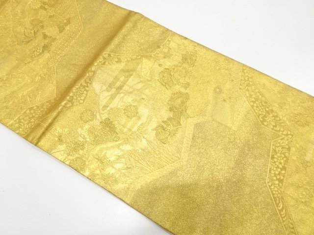 金糸　屏風に花鳥模様織り出し　袋帯